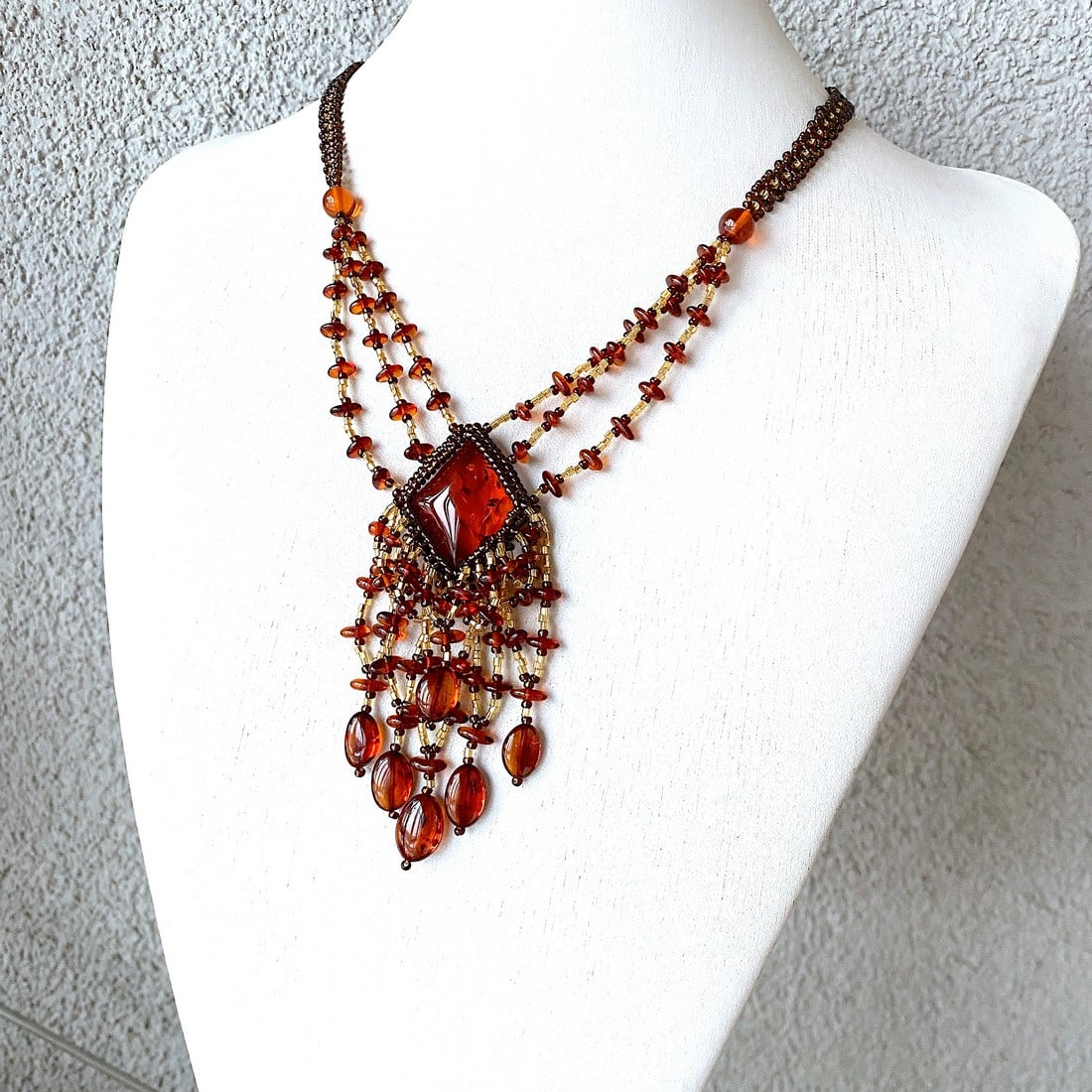 Phenomenal Amber Floral Necklace made from leaf like bead ornaments - 9