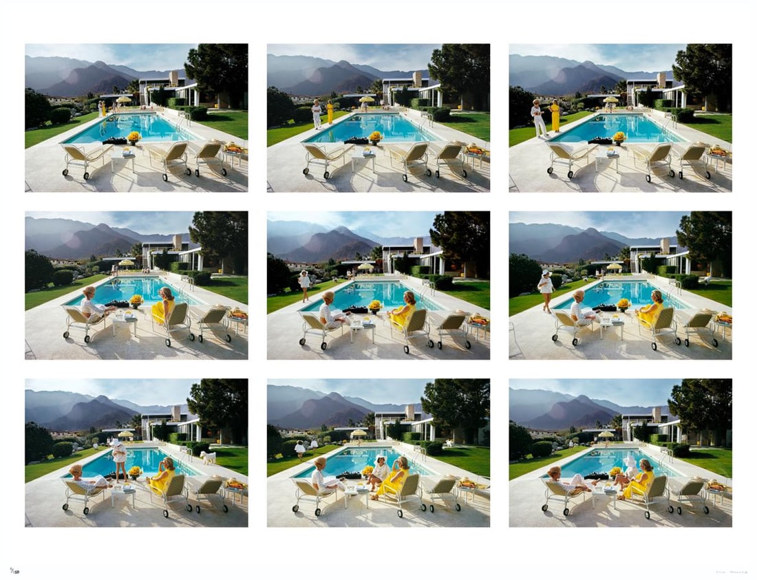 A Poolside Story 1970 - Slim Aarons Estate Stamped: 1970 (printed later): Title: A Poolside Story 1970 - Slim Aarons Estate Stamped: 1970 (printed later) Description: A Poolside Story 1970 - Slim Aarons Estate Stamped Composite contact sheet of the Kaufmann House in Palm