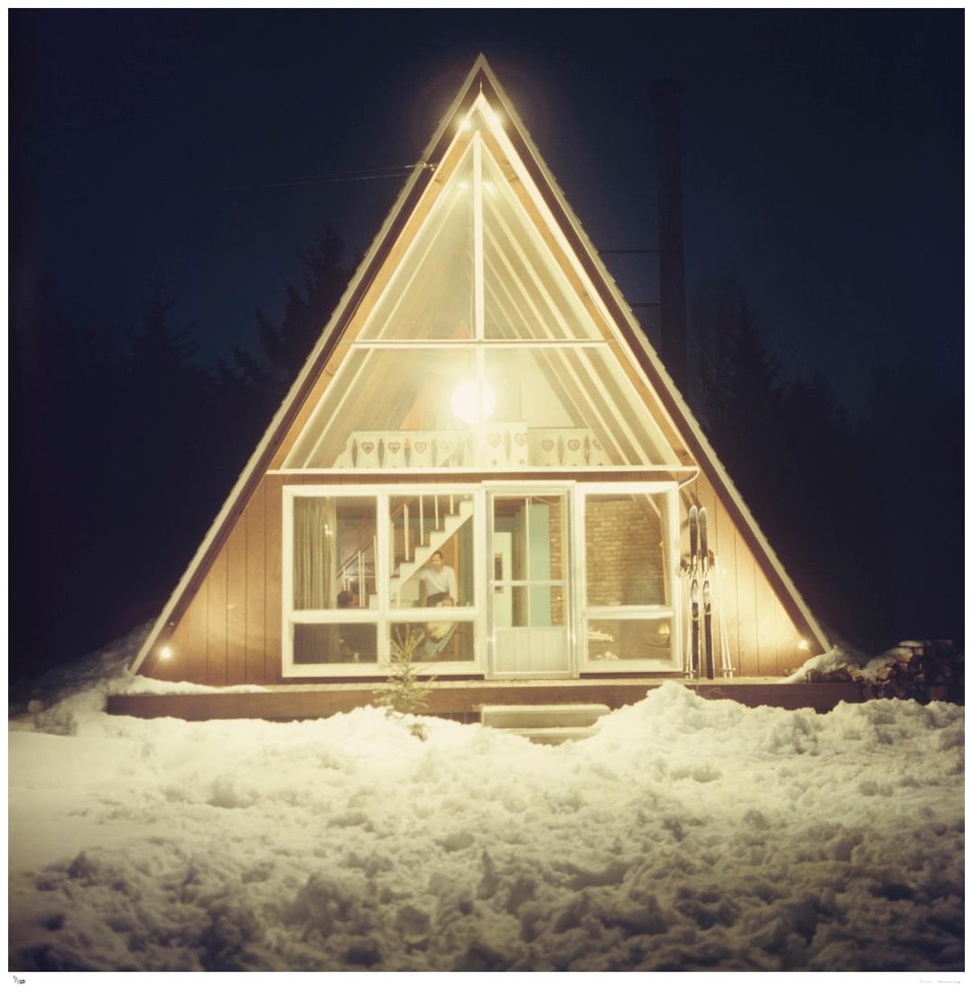 Skaal House In Stowe 1962 - Slim Aarons Estate Stamped: 1962 (printed later): Title: Skaal House In Stowe 1962 - Slim Aarons Estate Stamped: 1962 (printed later) Description: Skaal House In Stowe 1962 - Slim Aarons Estate Stamped The glass-fronted triangular Skaal House, lit