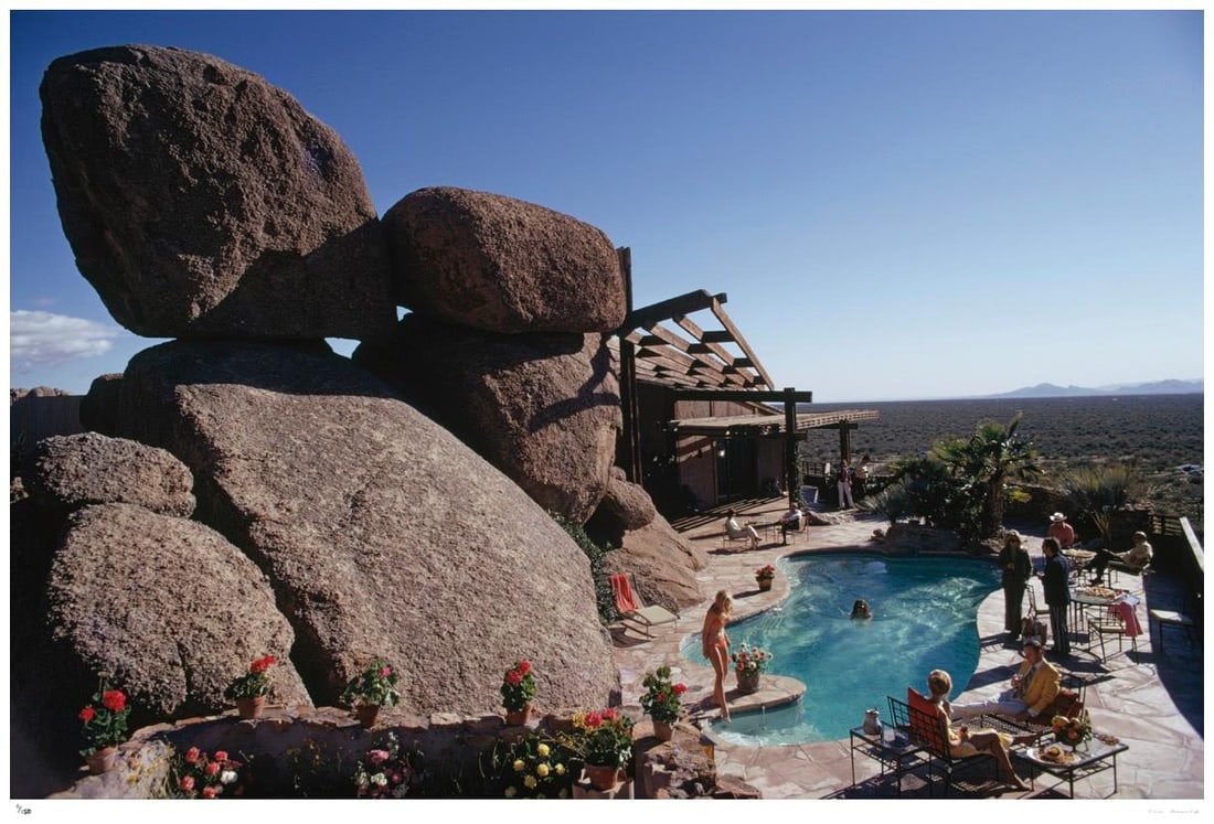 Pool at Bouldereign 1973 - Slim Aarons Estate Stamped: 1978 (printed later): Title: Pool at Bouldereign 1973 - Slim Aarons Estate Stamped: 1978 (printed later) Description: Pool at Bouldereign 1973 - Slim Aarons Estate Stamped Guests round the pool at Bouldereign, Carl Hovgard