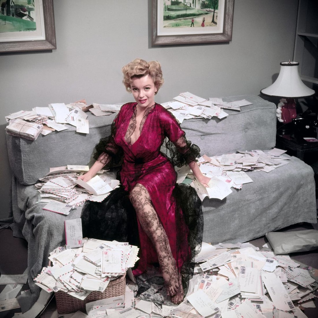 Fan Mail' 1955- Slim Aarons Official Limited Edition Estate Print Oversize: 1955 (Printed Later): Title: Fan Mail' 1955- Slim Aarons Official Limited Edition Estate Print Oversize: 1955 (Printed Later) Description: Fan Mail' 1955 Marilyn Monroe (1926 – 1962), wearing a red negligee trimmed