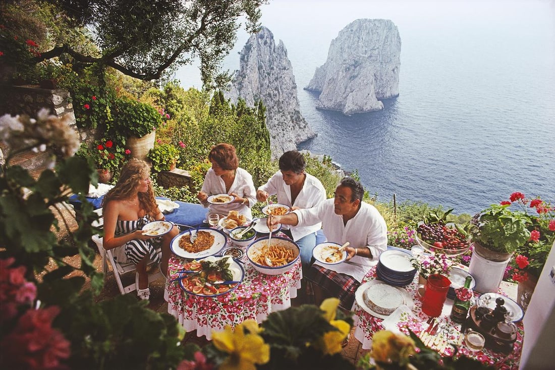 Slim Aarons 'Dining Al Fresco On Capri' 1980 Official Limited Estate Edition: 1980 (Printed Later): Title: Slim Aarons 'Dining Al Fresco On Capri' 1980 Official Limited Estate Edition: 1980 (Printed Later) Description: Dining Al Fresco On Capri' Italian artist and actress Domiziana Giordano, Italian