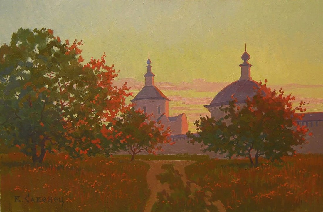 Oil painting Yellow sunset over the church Valery Savenets (1 of 6)
