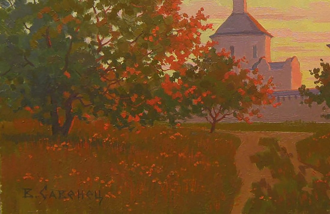 Oil painting Yellow sunset over the church Valery Savenets - 3