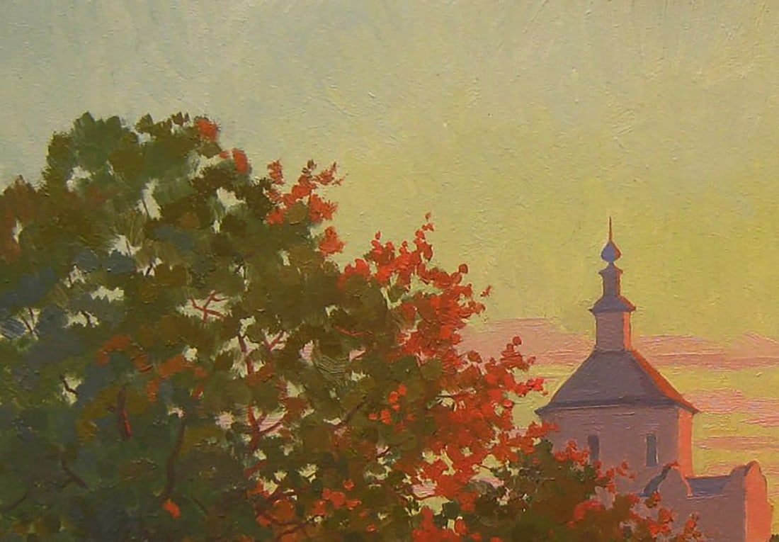 Oil painting Yellow sunset over the church Valery Savenets - 4