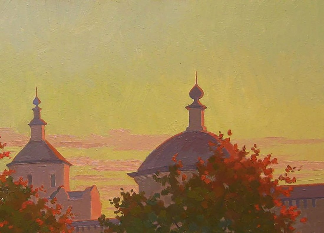 Oil painting Yellow sunset over the church Valery Savenets - 5