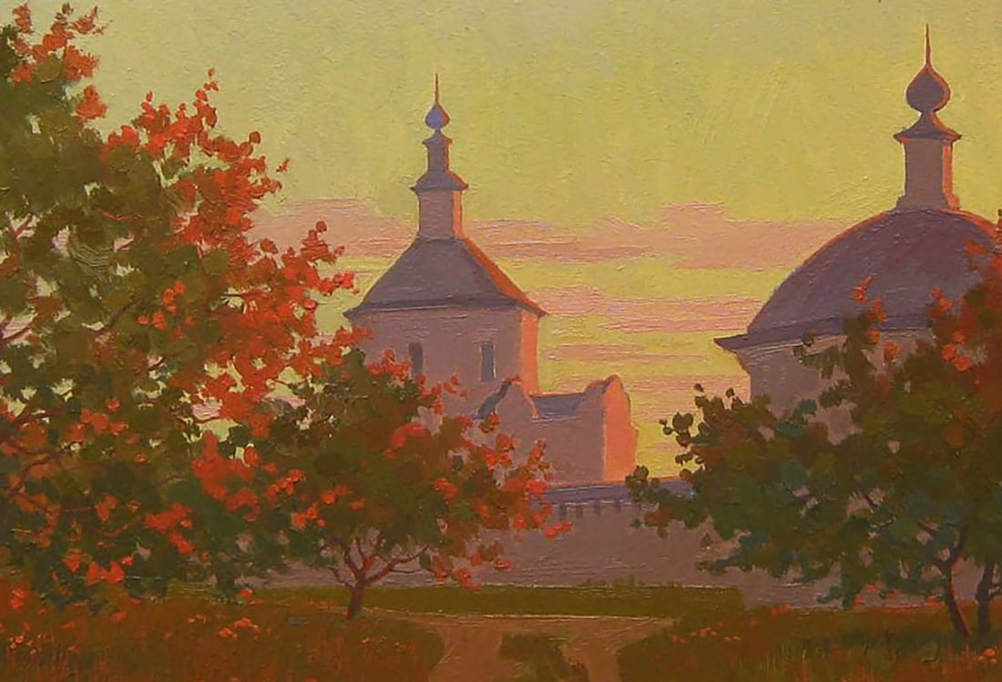 Oil painting Yellow sunset over the church Valery Savenets - 6