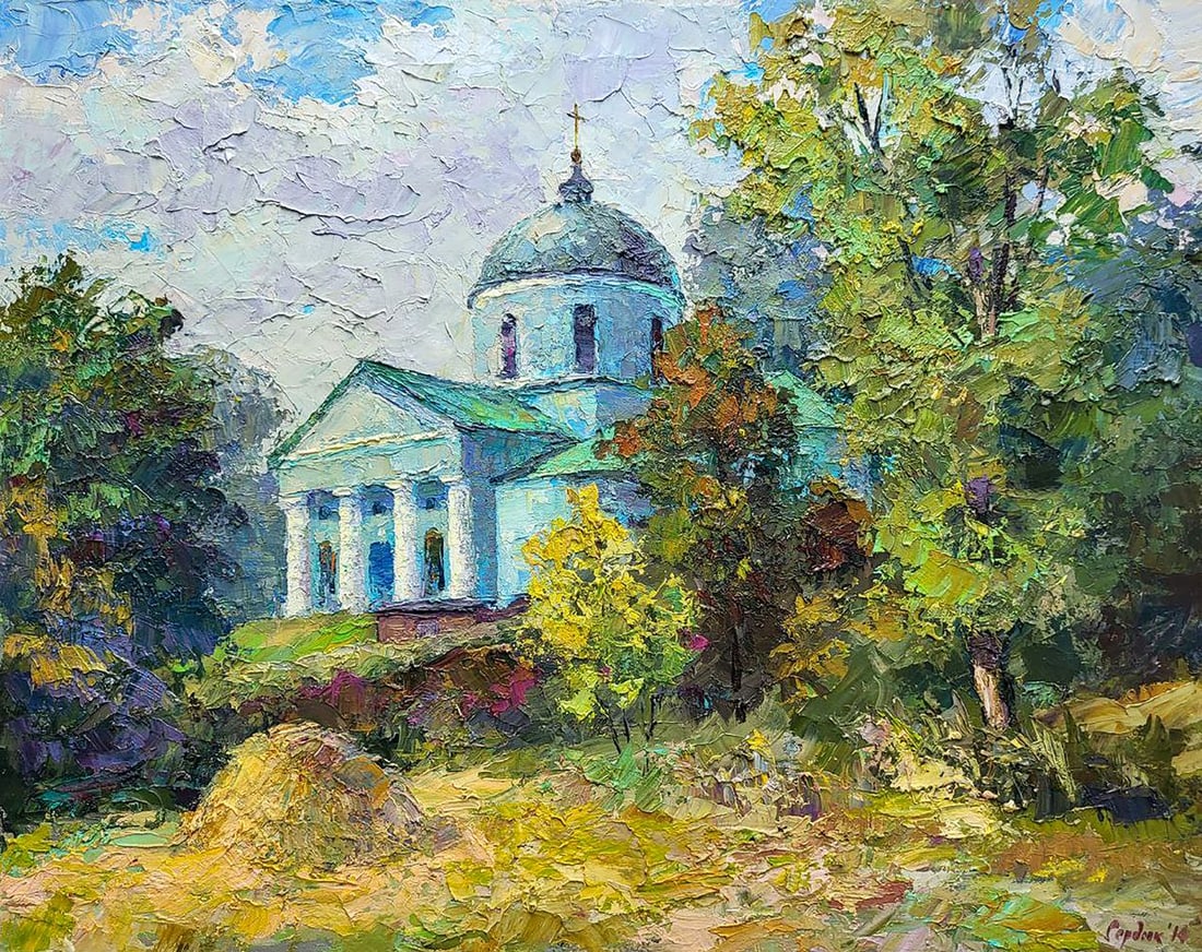 Oil painting Ascension Cathedral Boris Serdyuk: Title: Oil painting Ascension Cathedral Boris Serdyuk Description: NoSERB 1127 The painting titled "Ascension Cathedral" portrays a serene and picturesque scene featuring a grand white cathedral