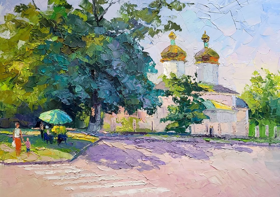 Oil painting Early near the church Serdyuk Boris Petrovich: Title: Oil painting Early near the church Serdyuk Boris Petrovich Description: NoSERB 911 "Early Morning at the Church" is a captivating oil painting that captures the serene beauty of a summer