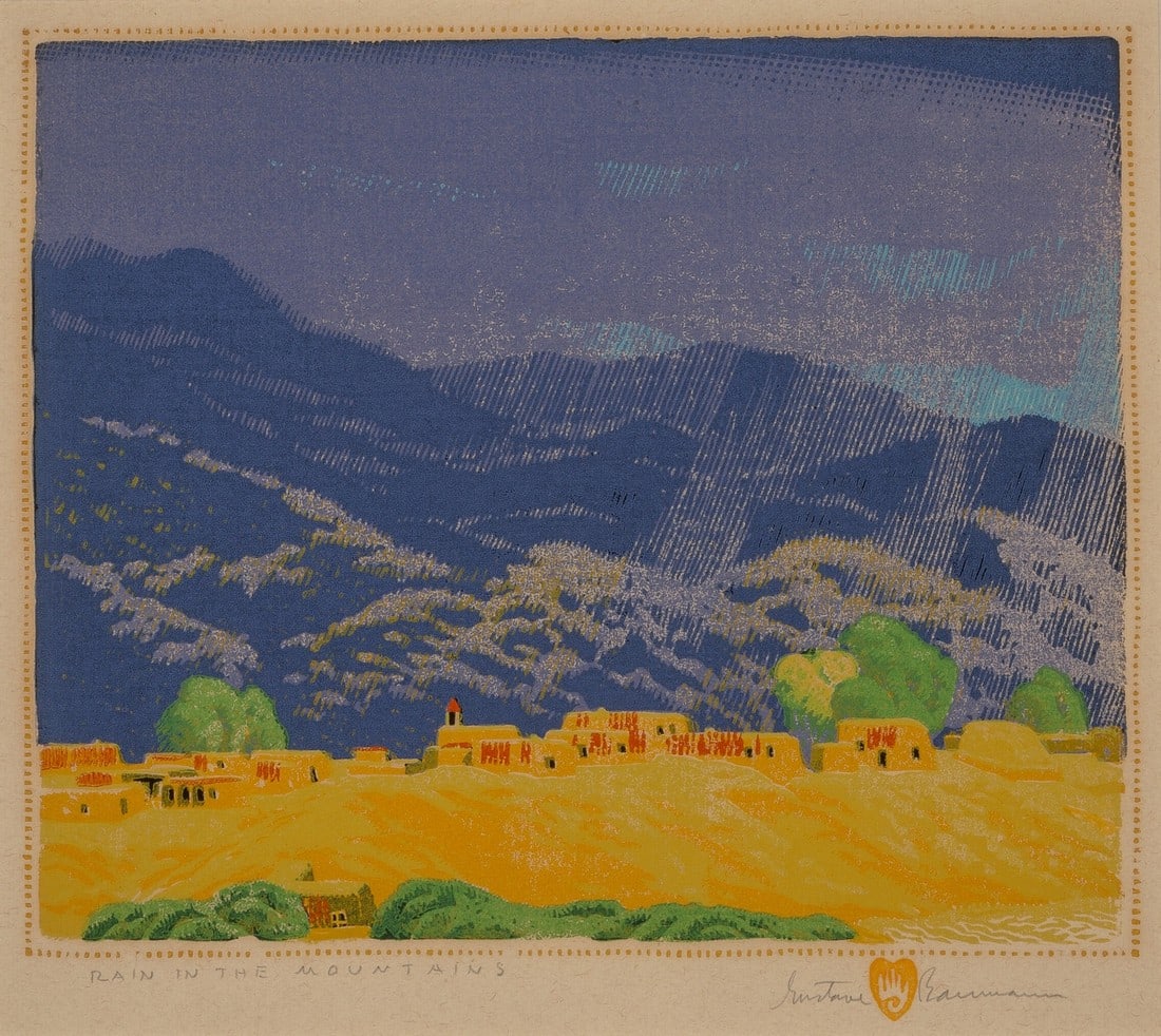 GUSTAVE BAUMANN RAIN IN THE MOUNTAINS PRINT: Title: GUSTAVE BAUMANN RAIN IN THE MOUNTAINS PRINT Description: Gustave Baumann Rain in the Mountains Print mounted to board measuring at 9.5x11.25 inches Dimensions: 9.5x11.25" Reserve: $60.00 