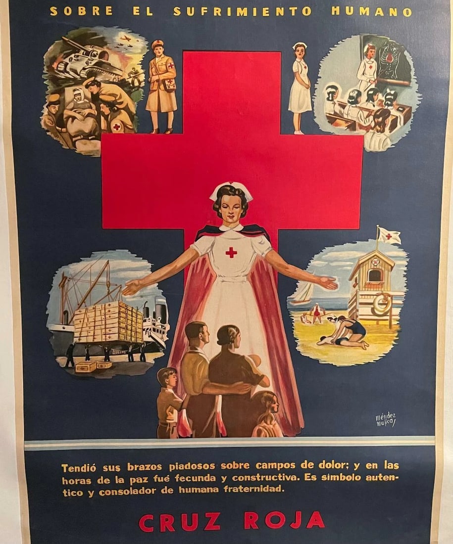 Original Vintage c.1950 "Argentine Red Cross " Poster Linen Backed - 2