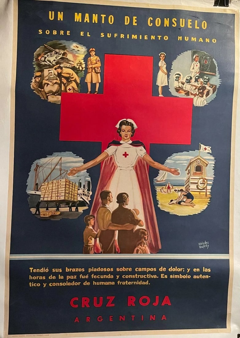 Original Vintage c.1950 "Argentine Red Cross " Poster Linen Backed - 4