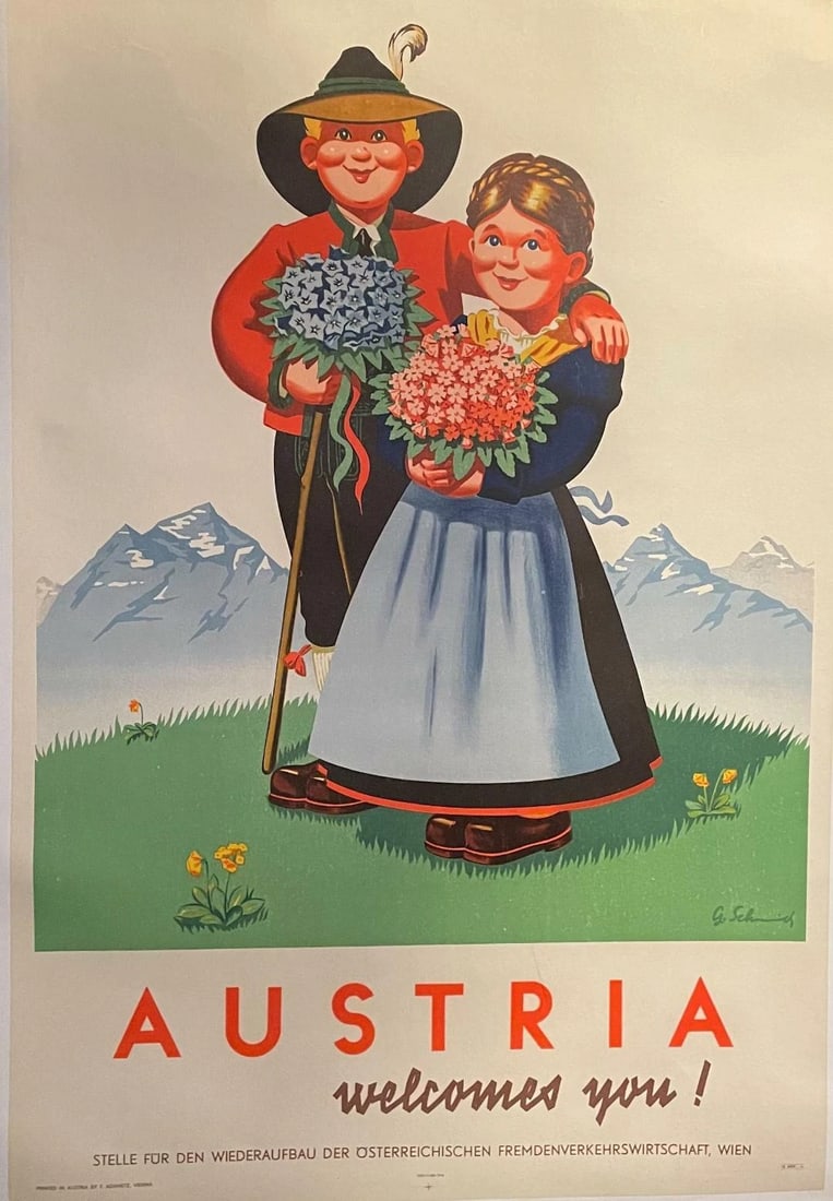 Original c.1950 Vintage "Austria Welcomes You" Travel Poster Linen Backed: Title: Original c.1950 Vintage "Austria Welcomes You" Travel Poster Linen Backed Description: Austria Welcomes You is a circa 1950 travel poster. The wording on the bottom translates to, "Site for the