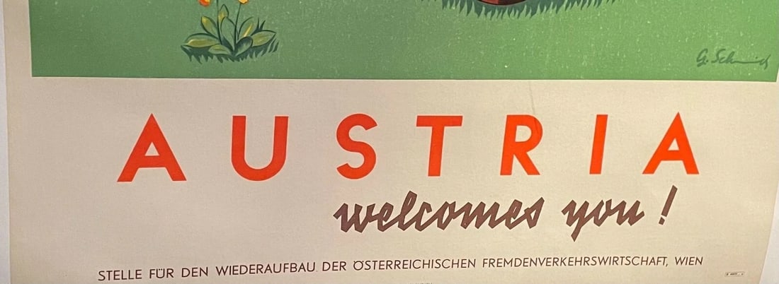 Original c.1950 Vintage "Austria Welcomes You" Travel Poster Linen Backed - 3