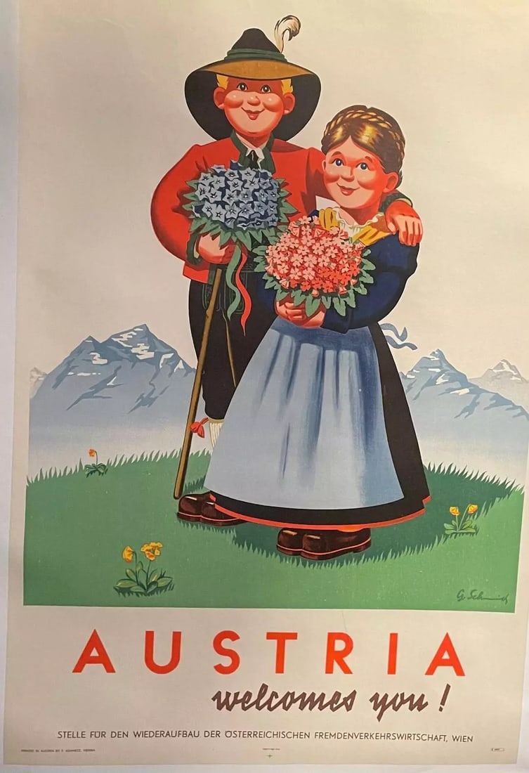 Original c.1950 Vintage "Austria Welcomes You" Travel Poster Linen Backed - 4