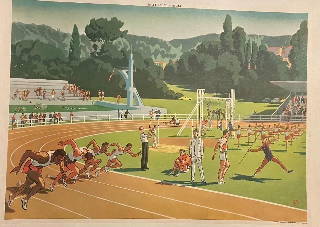 Original Vintage "Le Stade et La Piscine" French Poster Linen Backed - 2