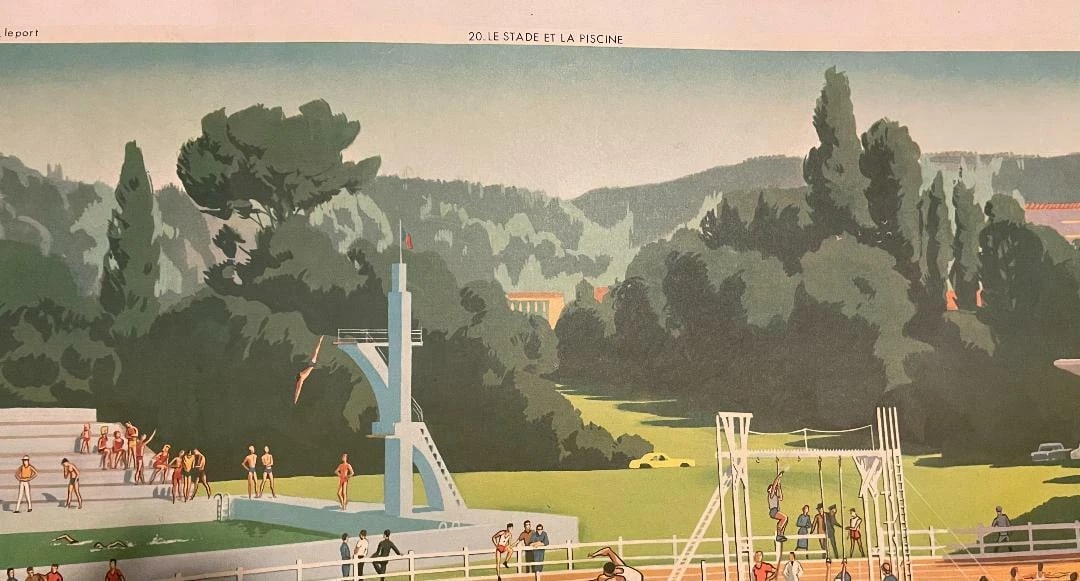 Original Vintage "Le Stade et La Piscine" French Poster Linen Backed - 3