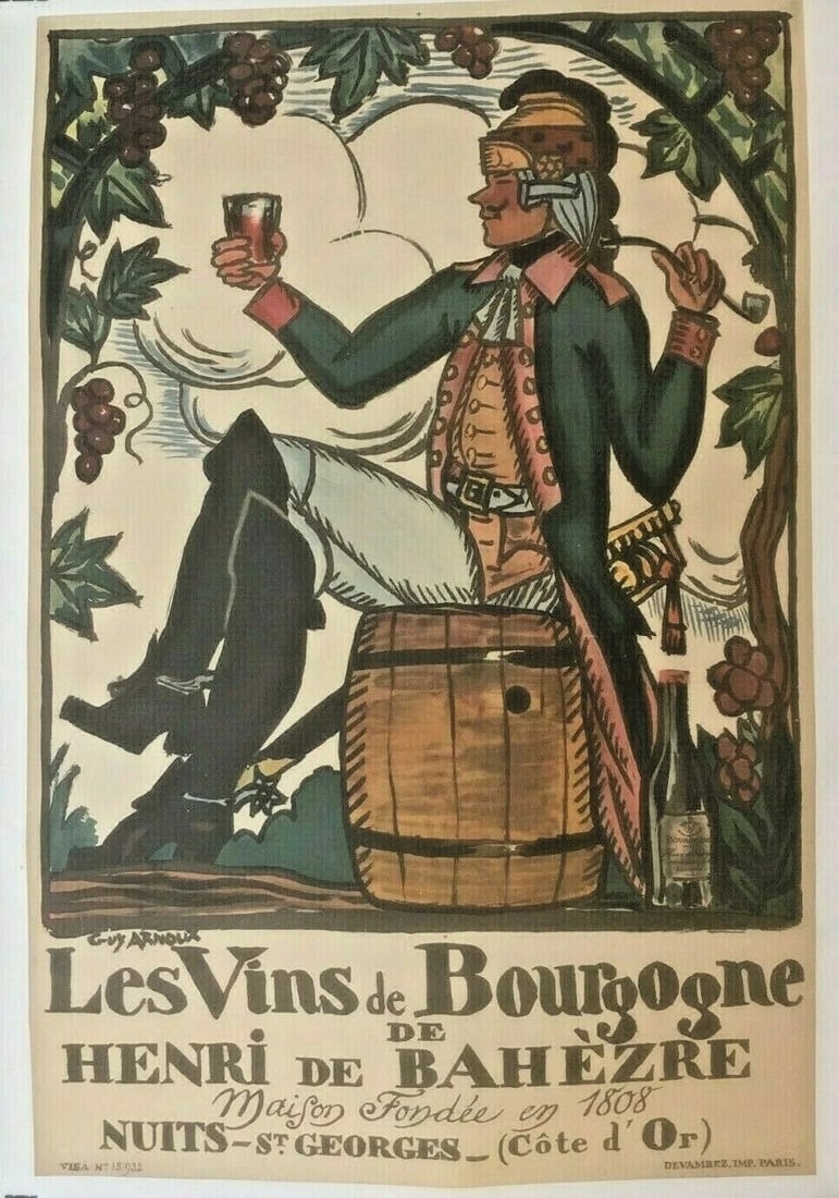 Original Vintage c.1920 Vins de Borugogne French Wine Poster Linen Backed: Title: Original Vintage c.1920 Vins de Borugogne French Wine Poster Linen Backed Description: Guy Arnoux (1886-1951) was an illustrator and artist whose style was part modern and part archaic. In this