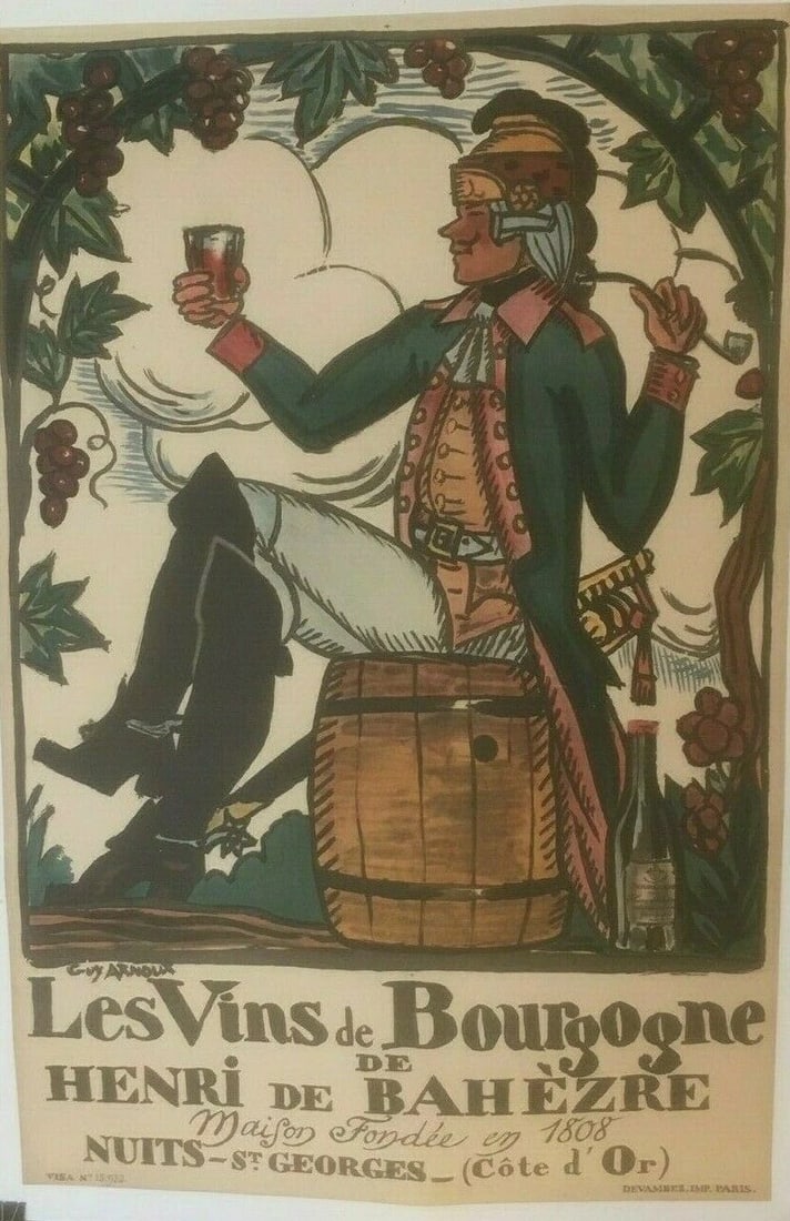 Original Vintage c.1920 Vins de Borugogne French Wine Poster Linen Backed - 2