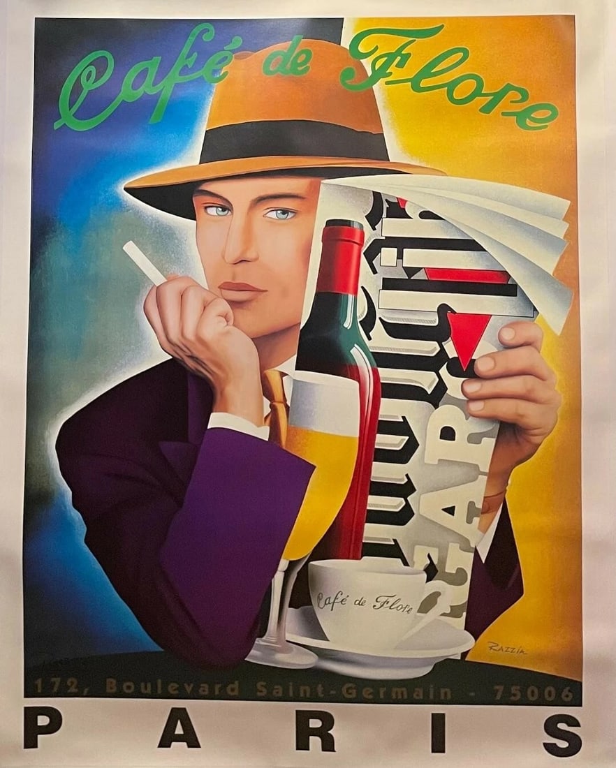 Original Pen Signed Vintage Razzia "Cafe de Flore" Poster Linen Backed: Title: Original Pen Signed Vintage Razzia "Cafe de Flore" Poster Linen Backed Description: Gerard Courbouleix (1950-present), known to the world as "Razzia" has created over 200 beautiful serigraphic