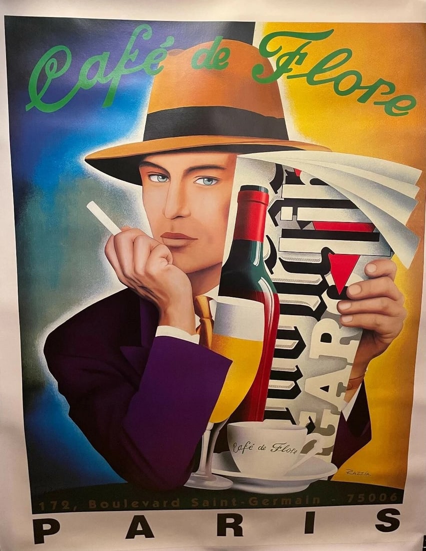 Original Pen Signed Vintage Razzia "Cafe de Flore" Poster Linen Backed - 2