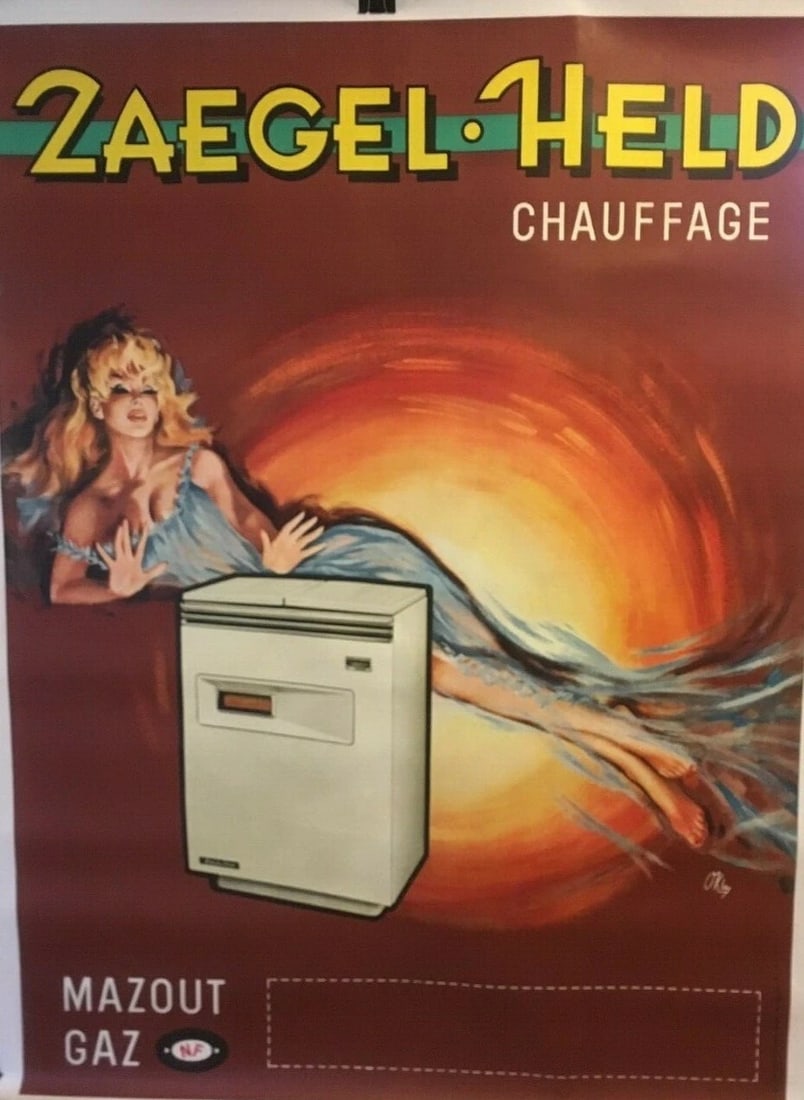 Original Vintage Zaegel Held Heater Poster Linen Backed: Title: Original Vintage Zaegel Held Heater Poster Linen Backed Description: Zaegel Held was a manufacturer of gas and oil heaters. In this 1965 poster, an attractive woman relaxes while she warms her