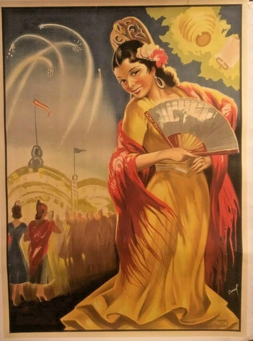 Original Vintage c.1940 "Spanish Woman With Fan" Poster Linen Backed: Title: Original Vintage c.1940 "Spanish Woman With Fan" Poster Linen Backed Description: We believe this poster advertises an annual Spanish festival and space has been left to fill in the