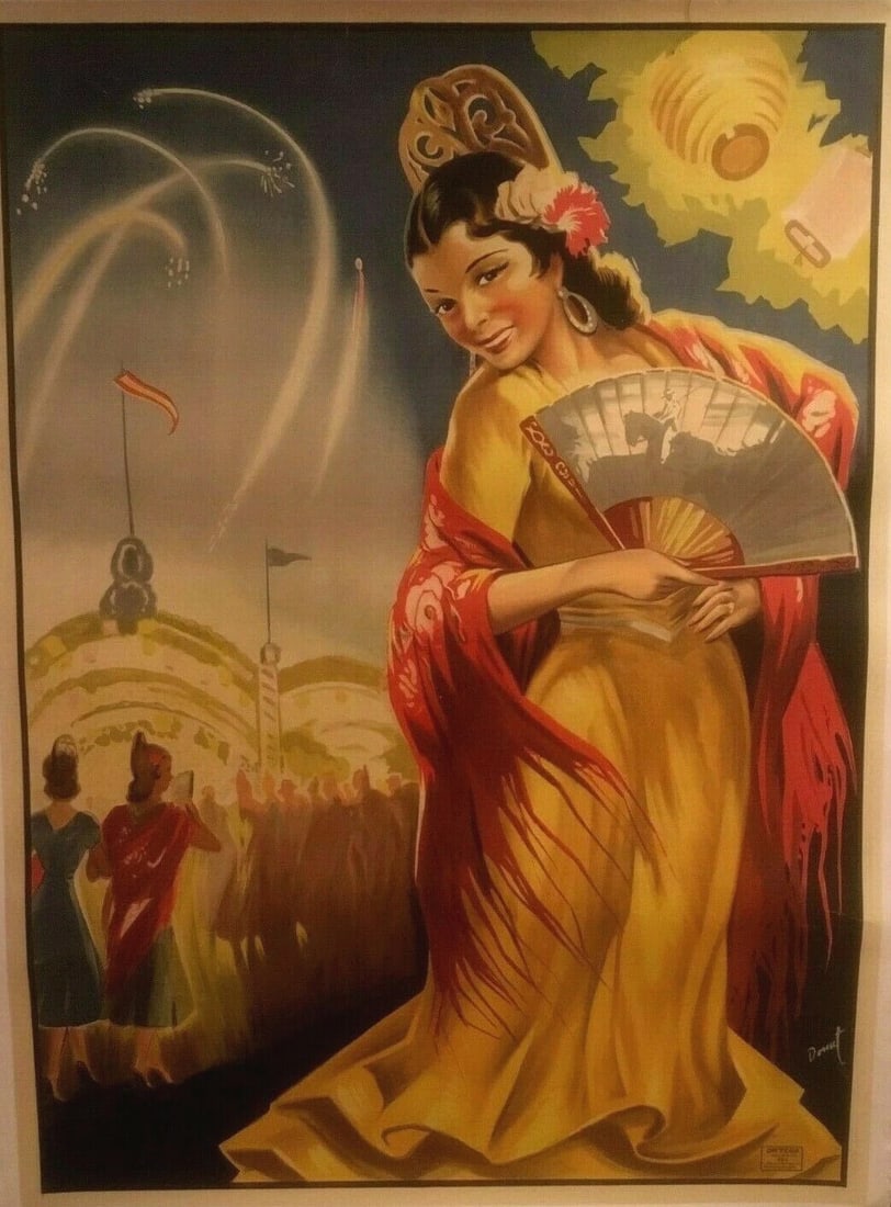 Original Vintage c.1940 "Spanish Woman With Fan" Poster Linen Backed - 2