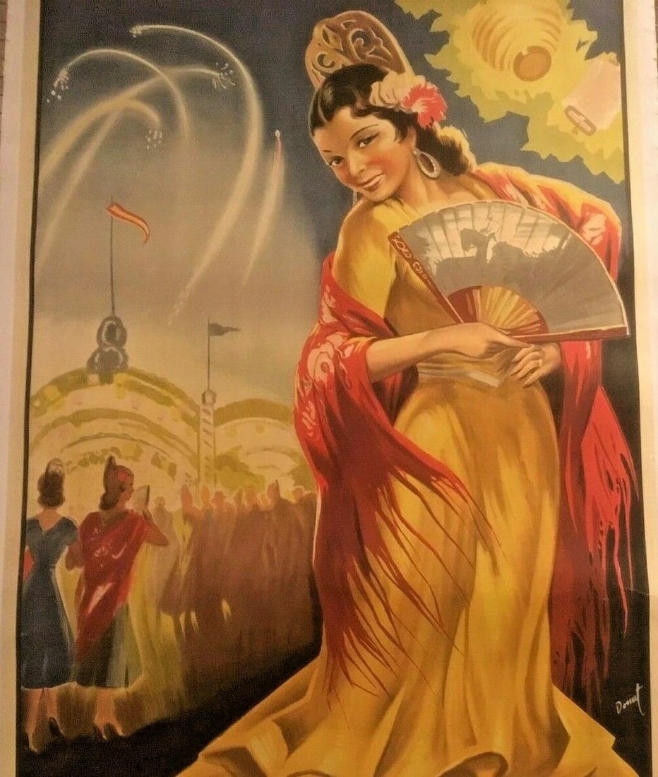Original Vintage c.1940 "Spanish Woman With Fan" Poster Linen Backed - 5