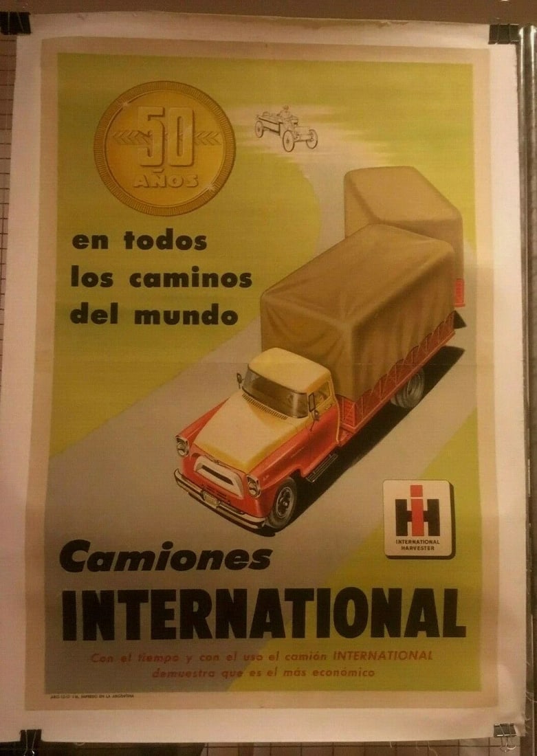 Original Vintage Argentine International Harvester Truck Poster Linen Backed: Title: Original Vintage Argentine International Harvester Truck Poster Linen Backed Description: The International Harvester Company celebrates 50 years of building quality transportation trucks.