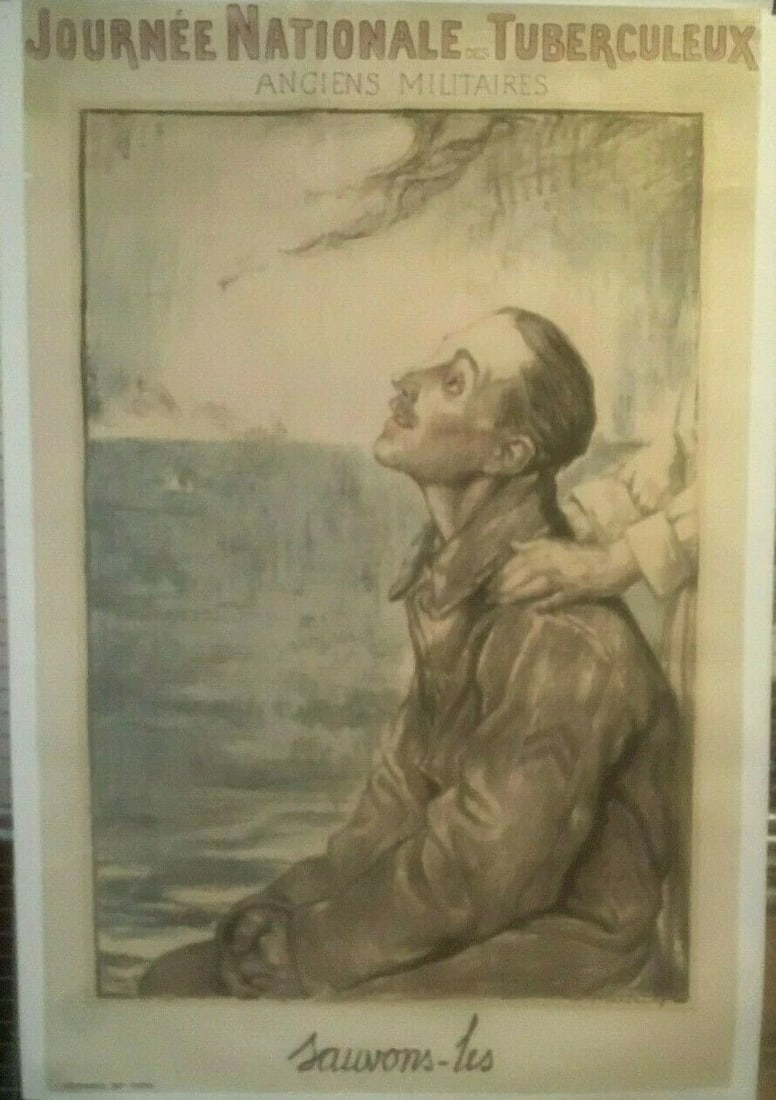 Original Vintage French National Tuberculosis Day Poster Linen Backed: Title: Original Vintage French National Tuberculosis Day Poster Linen Backed Description: Journee Nationale des Tuberculeux (National TB Day) is a c.1920 patriotic poster created by the great French