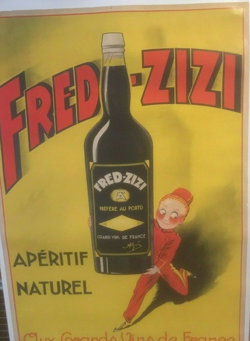 Original Vintage 1932 "Fred Zizi" French Wine Poster Linen Backed - 3