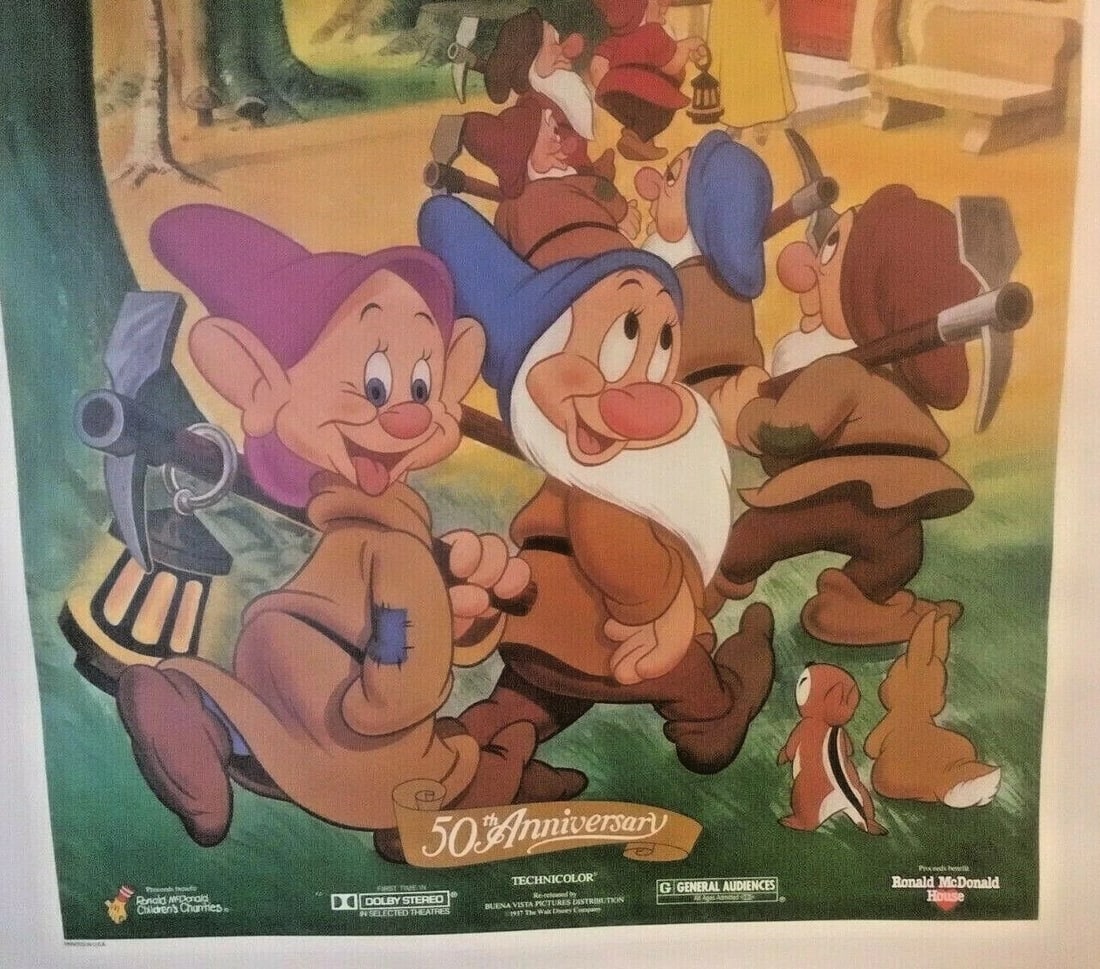 Original Vintage 1987 Snow White and the Seven Dwarfs Movie Poster Linen Backed - 4