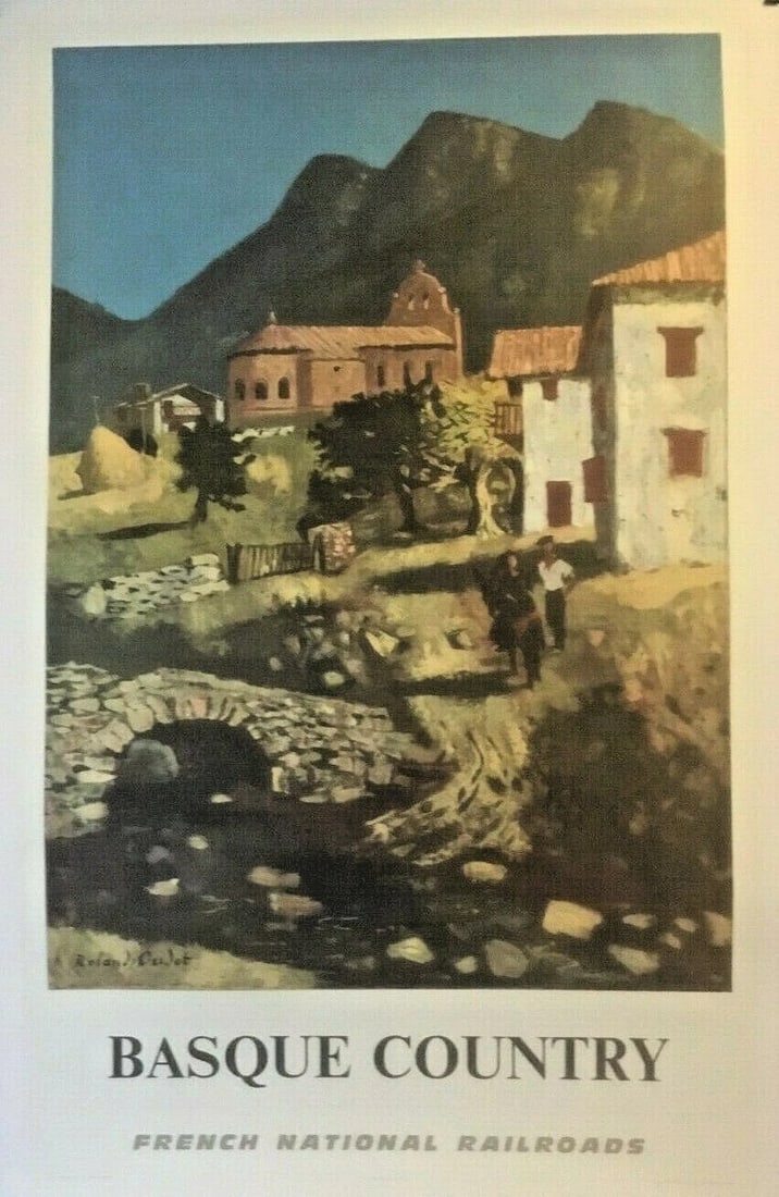 Original Vintage 1968 Basque Country French Railway Poster Linen Backed: Title: Original Vintage 1968 Basque Country French Railway Poster Linen Backed Description: The French National Railways advertises travel to Basque Country in 1968. The poster is linen backed,