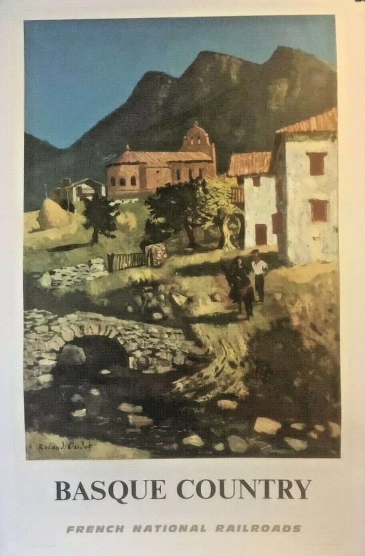 Original Vintage 1968 Basque Country French Railway Poster Linen Backed - 2