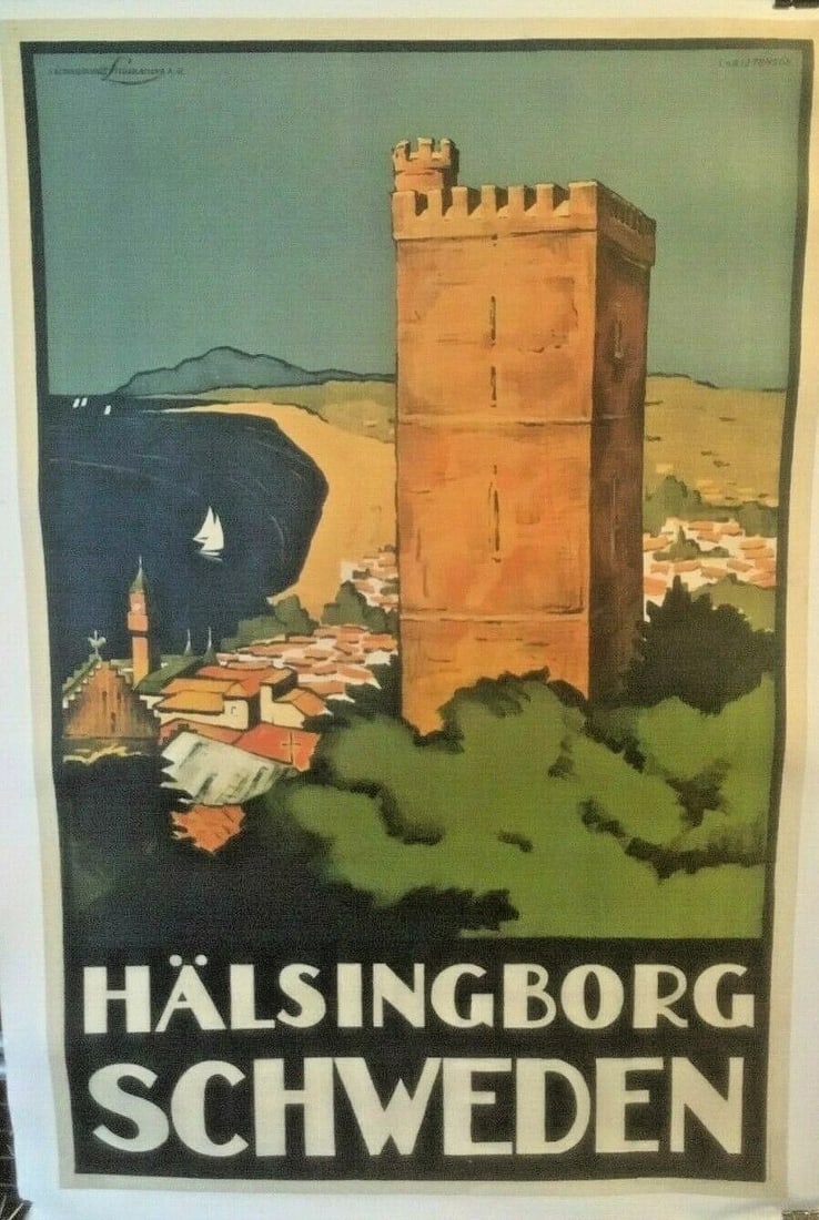 Original Vintage c1930 "Halsingborg Schweden" Swedish Travel Poster Linen Backed: Title: Original Vintage c1930 "Halsingborg Schweden" Swedish Travel Poster Linen Backed Description: Helsingborg is a coastal city in southern Sweden, across the Oresund Strait from Denmark. It's