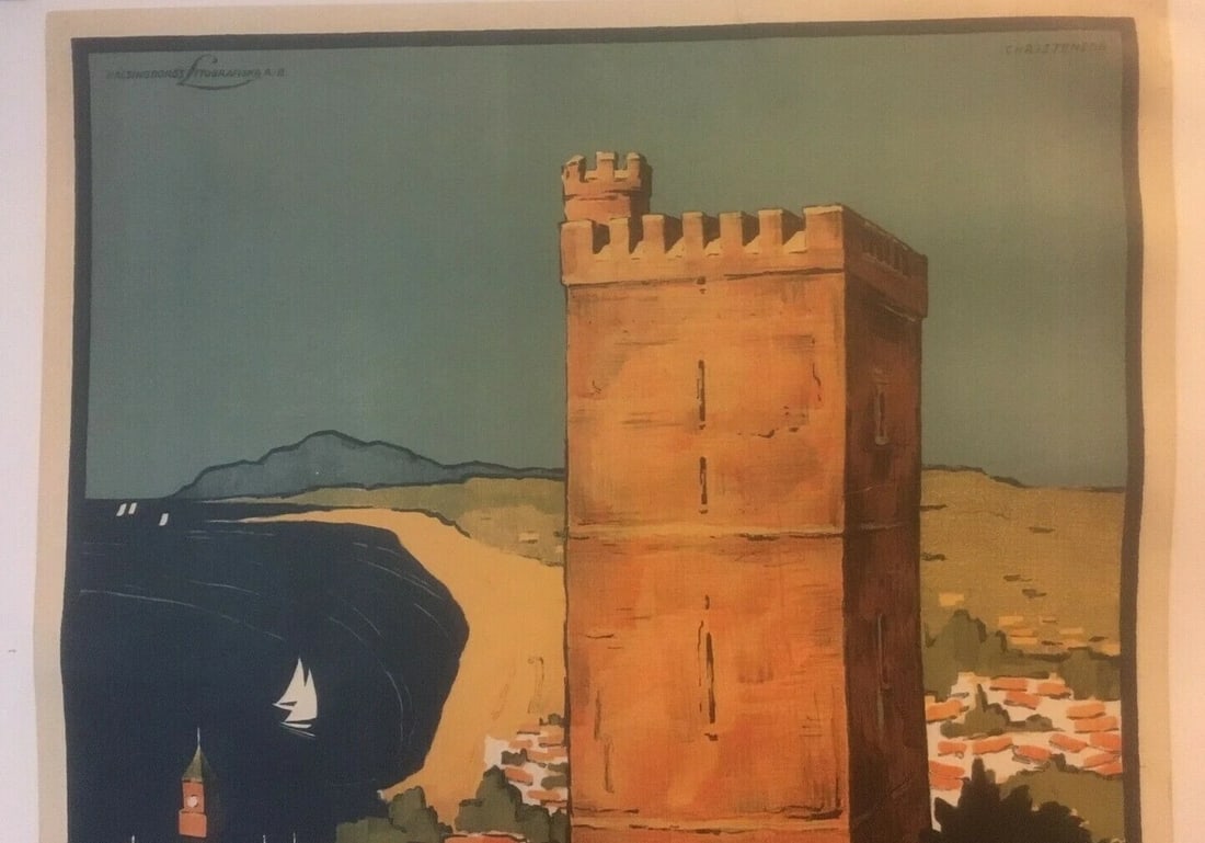 Original Vintage c1930 "Halsingborg Schweden" Swedish Travel Poster Linen Backed - 3