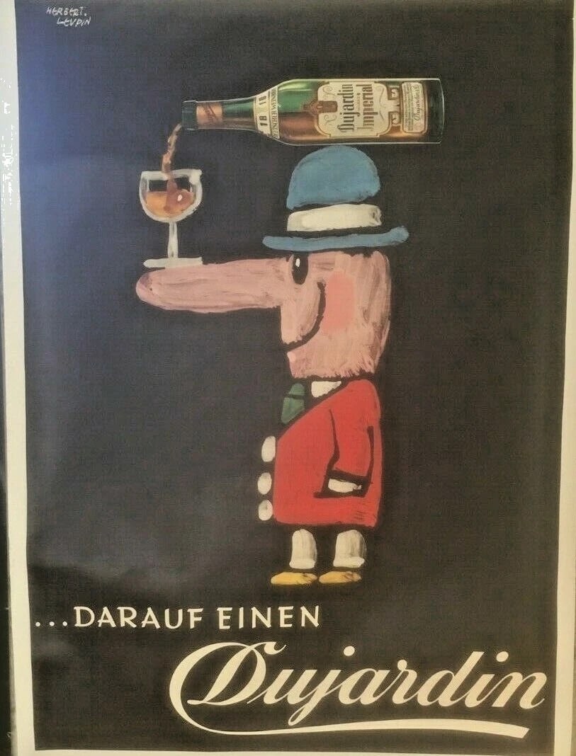 Original Vintage c.1950 Dujardin Wine Poster Linen Backed: Title: Original Vintage c.1950 Dujardin Wine Poster Linen Backed Description: A whimsical poster for a German wine, featuring a subject with an exaggerated nose, large enough to balance a filled