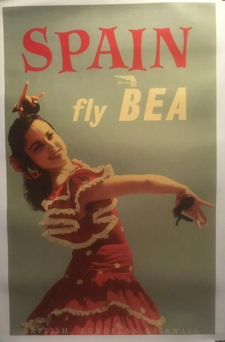 Original Vintage "Spain Fly British European Airlines" Poster Linen Backed: Title: Original Vintage "Spain Fly British European Airlines" Poster Linen Backed Description: A Flamenco dancer holding castanets encourages tourists to visit Spain via British European Airways (BEA)