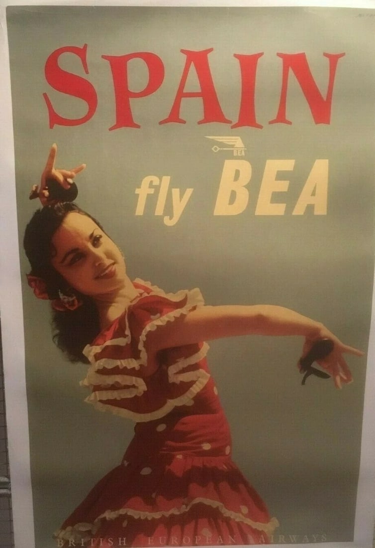 Original Vintage "Spain Fly British European Airlines" Poster Linen Backed - 2