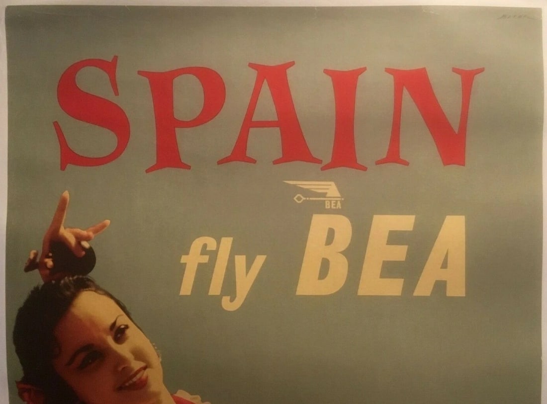 Original Vintage "Spain Fly British European Airlines" Poster Linen Backed - 3