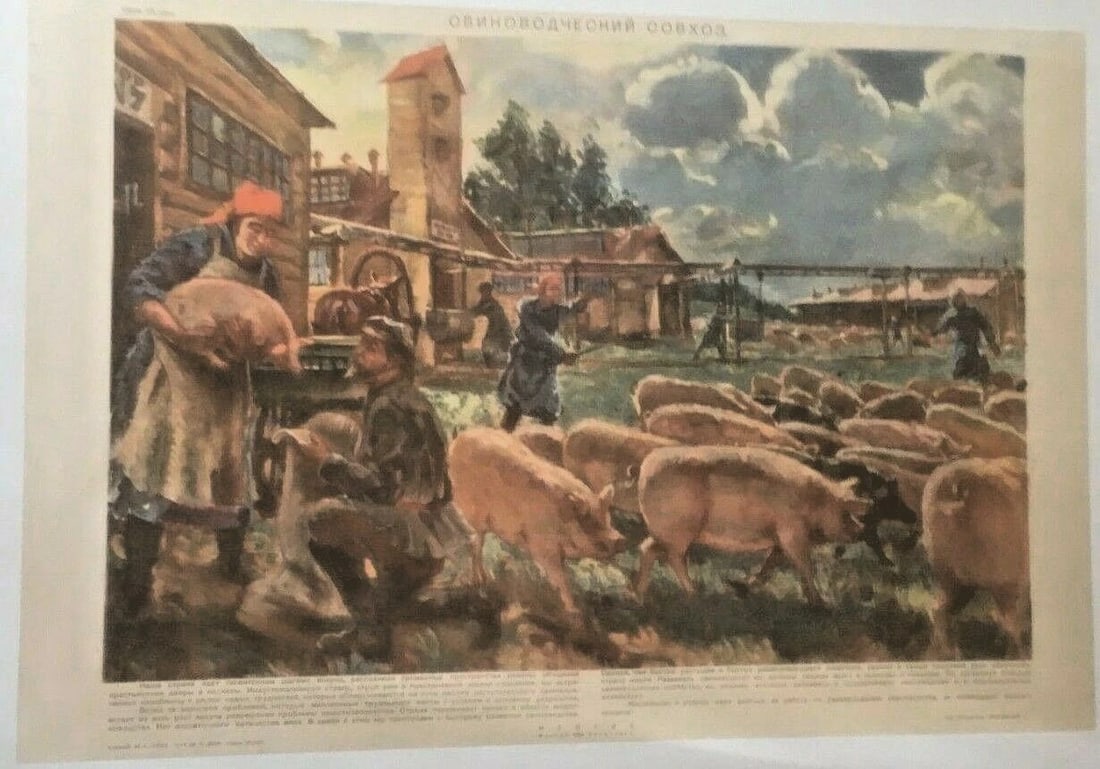 Original Vintage 1930 Russian "Collective Farm" Poster Linen Backed (1 of 5)
