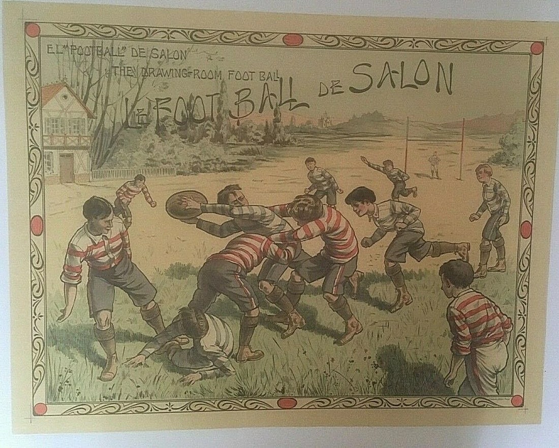 Original Vintage 1900 "Le Footbal de Salon" Poster Linen Backed: Title: Original Vintage 1900 "Le Footbal de Salon" Poster Linen Backed Description: The subject of this poster is football. The upper left corner spells it out in Spanish (El Footbal de Salon),