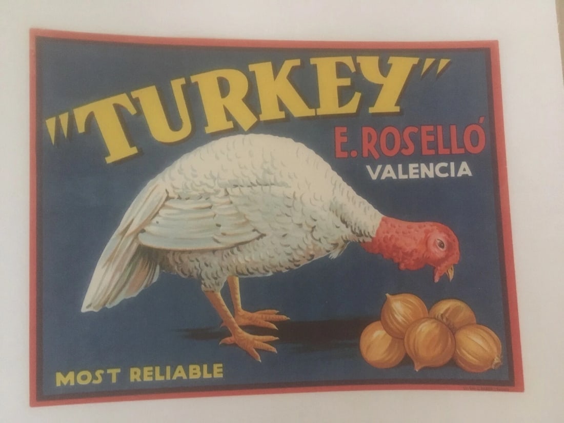 Original Vintage Spanish Linen Backed "Turkey" Crate Label (1 of 3)