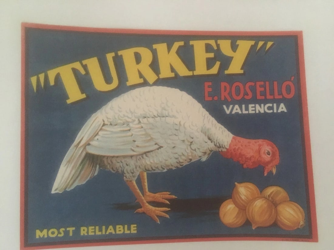 Original Vintage Spanish Linen Backed "Turkey" Crate Label - 2