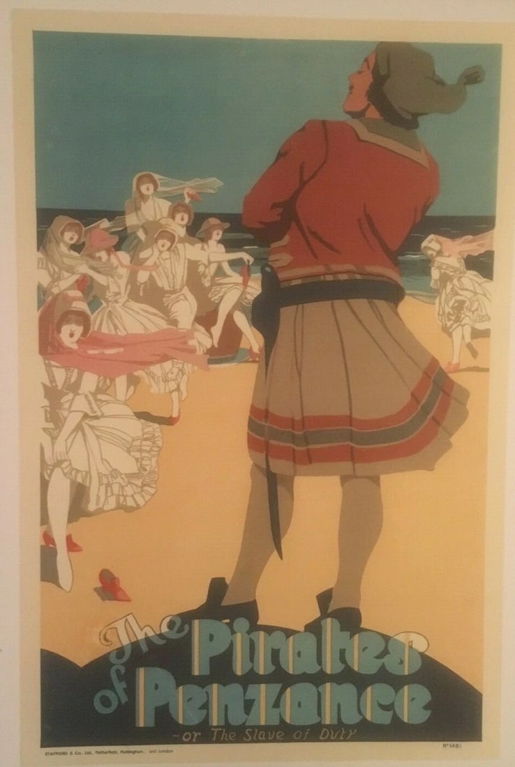 Original Vintage c.1930 Pirates of Penzance Operetta Poster Linen Backed: Title: Original Vintage c.1930 Pirates of Penzance Operetta Poster Linen Backed Description: Formally dressed women dance on the beach in this colorful English operetta poster. The poster is linen bac