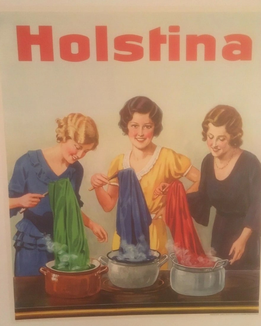 Original Vintage c.1950 Holstina German Fabric Dye Poster Linen Backed: Title: Original Vintage c.1950 Holstina German Fabric Dye Poster Linen Backed Description: Three woman remove their dyed fabric from pots in this circa 1950 German dye poster. The poster is linen