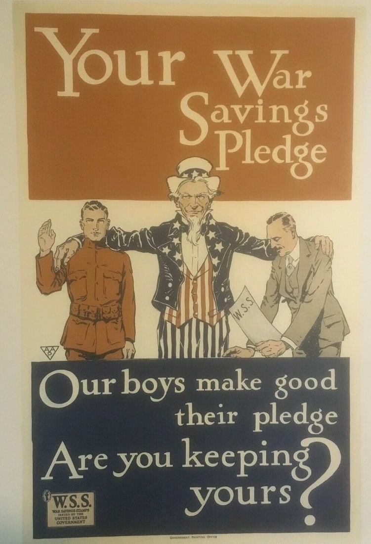 Original Vintage WWI "Your Savings Pledge" War Stamps Poster Linen Backed - 2