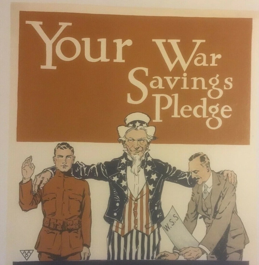 Original Vintage WWI "Your Savings Pledge" War Stamps Poster Linen Backed - 3