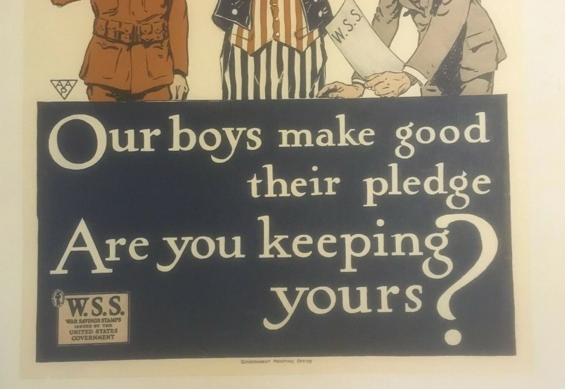 Original Vintage WWI "Your Savings Pledge" War Stamps Poster Linen Backed - 4